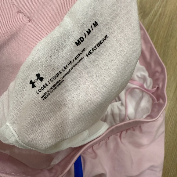 Under Armour Women's Light Pink Athletic Shorts with Blue and Pink Accents - Picture 3 of 3